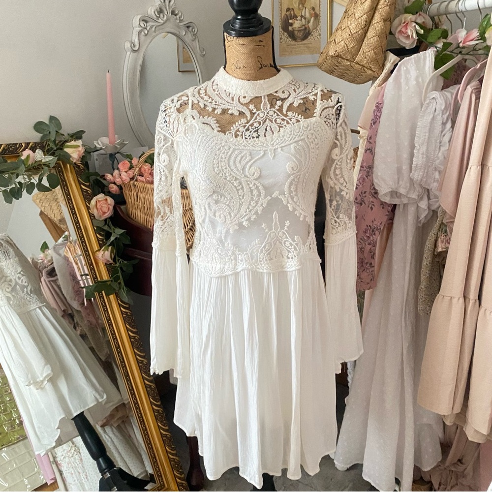 Cream Lace Bell Sleeve Mini Dress Sequin Detail